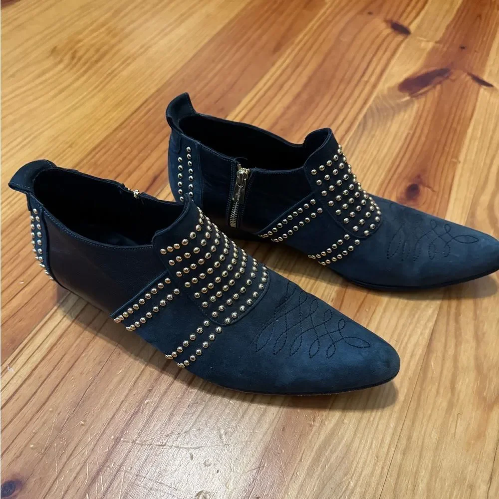 ANINE BING Charlie Low Ankle Boots SZ 38/7 Black Suede Gold Stud Embellishments